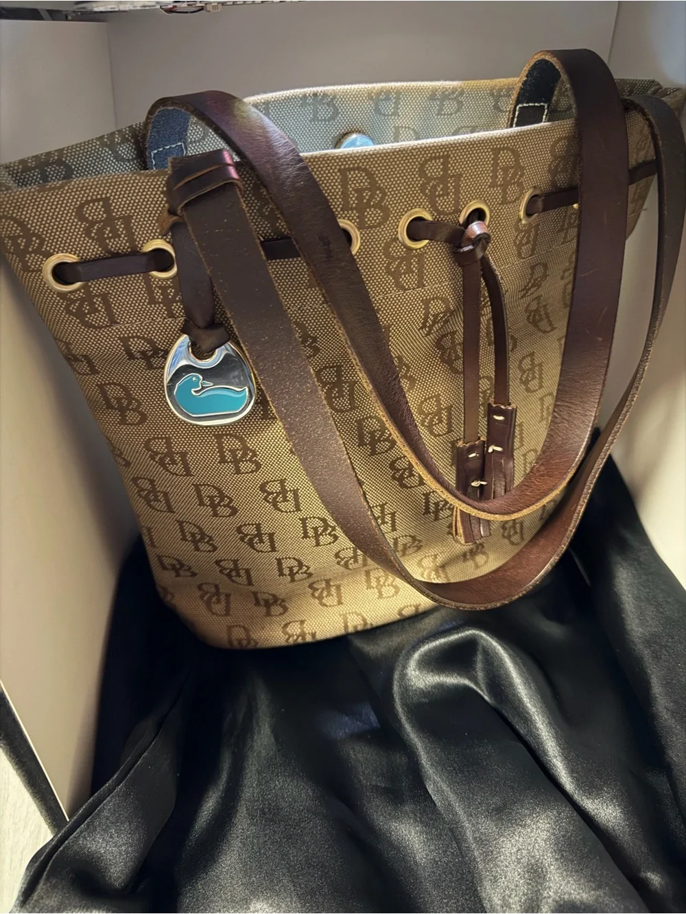 Vintage Dooney & Bourke Signature Monogram Bucket Bag, Teal Duck Fob, Made in US